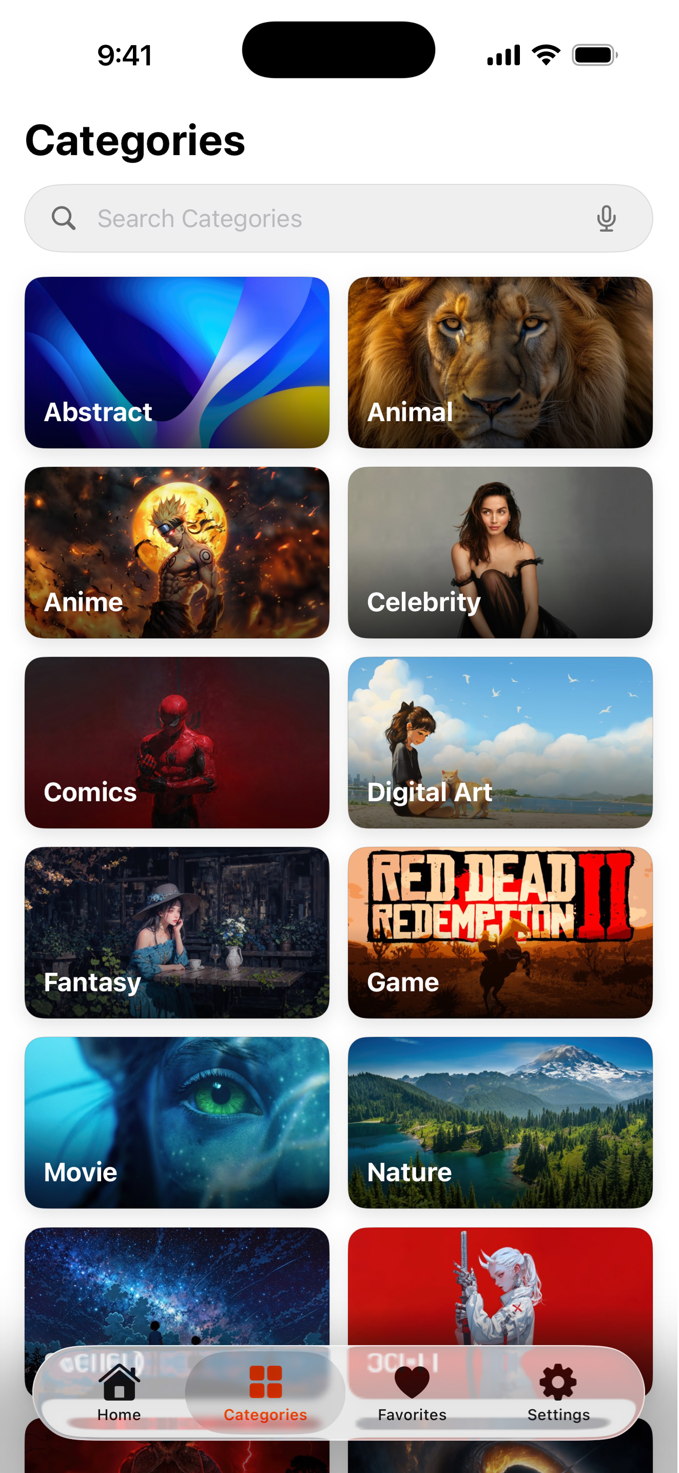 Glassora Categories Screen