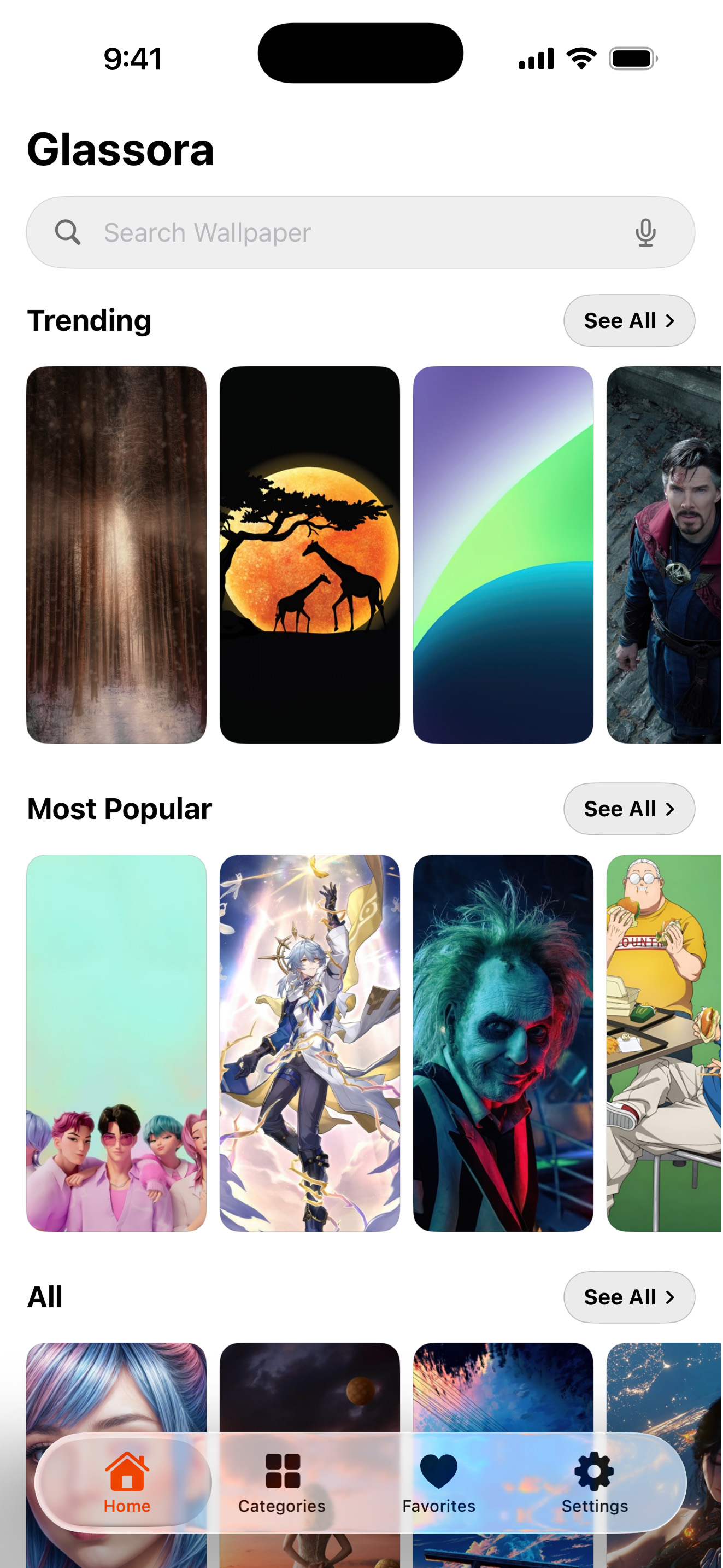 Glassora Home Screen