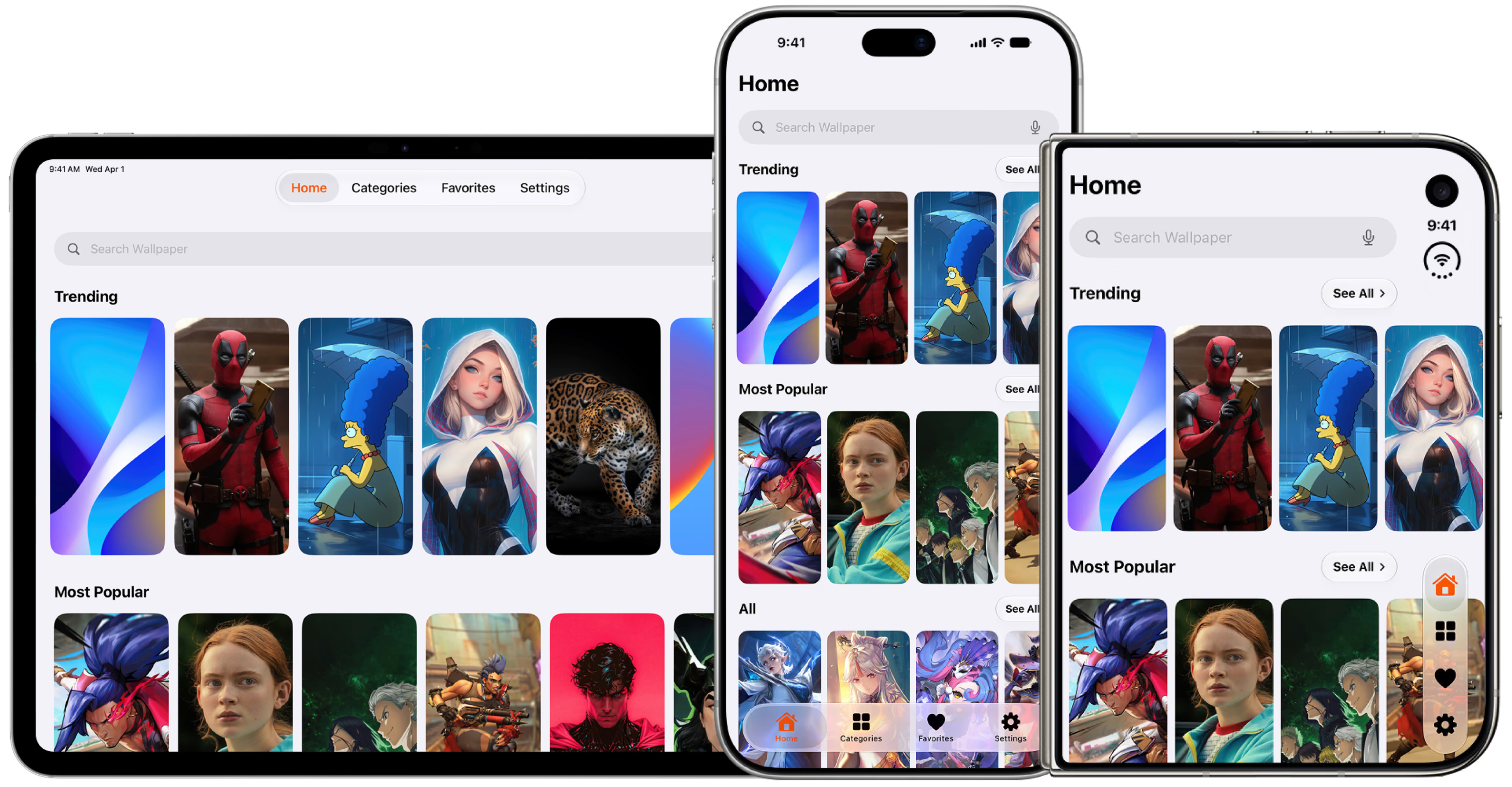 Glassora shown on iPad and two phones, with wallpaper collections on screen